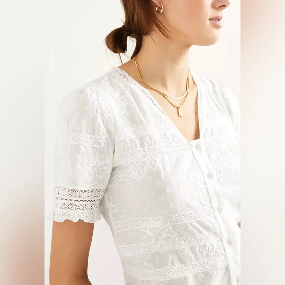 Anthropologie‎ White Puff Sleeve Ruffled Blouse Sz 10